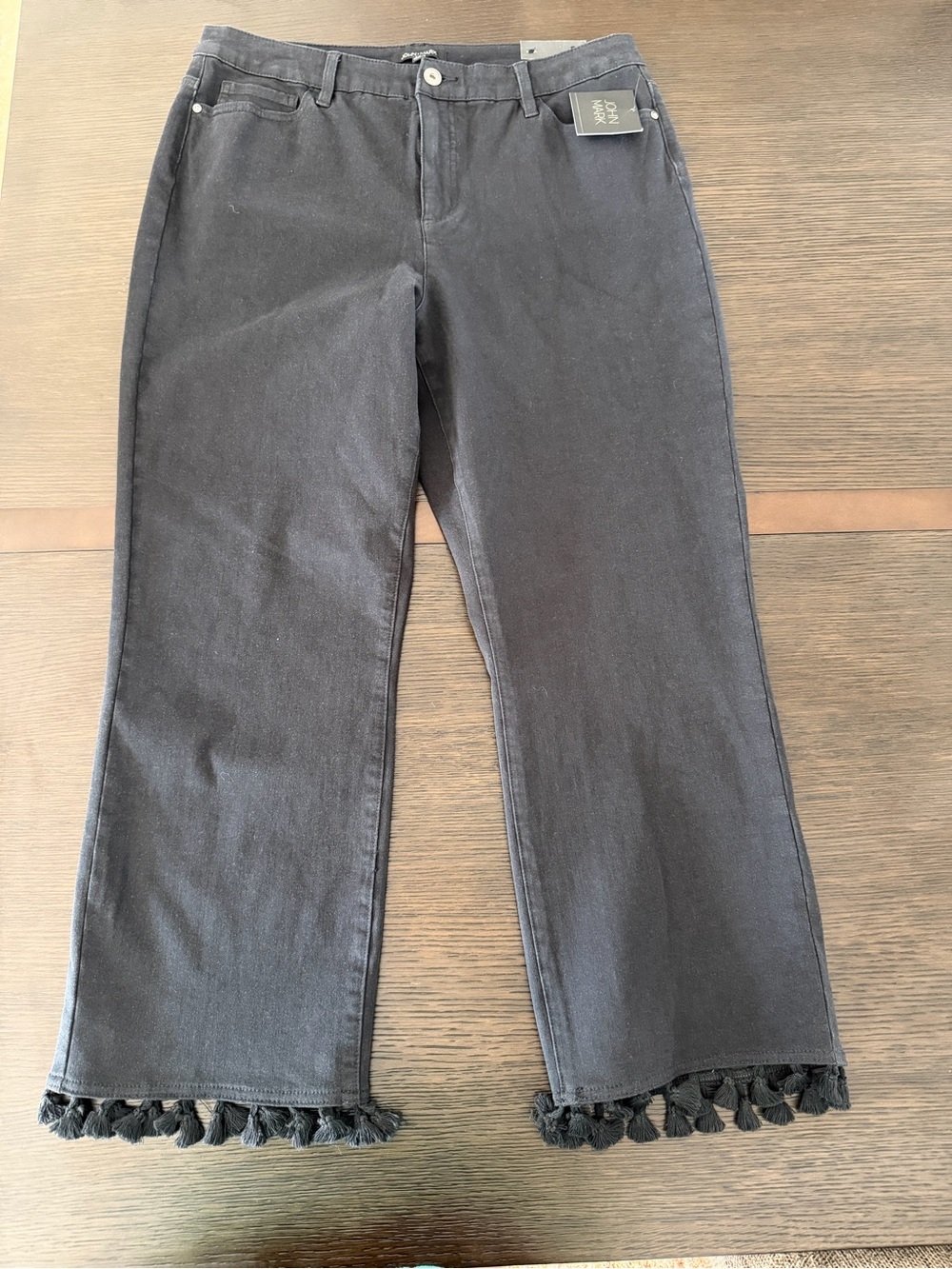 John Mark Black Cropped Jeans with Tassel Hem